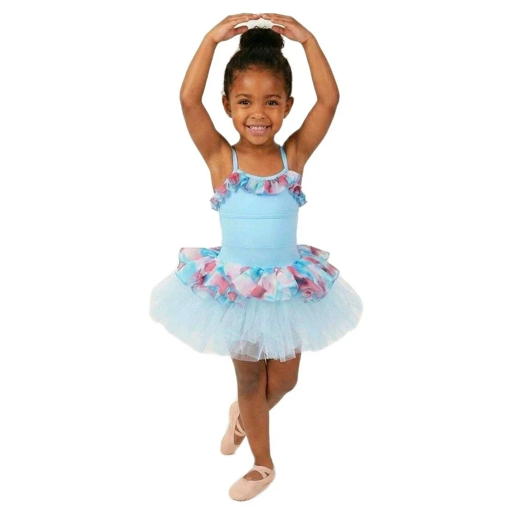 Duck Crossing Girls Ruffle Ballet Tutu Dress 1pc Skirted Leotard Tulle Blue Pink